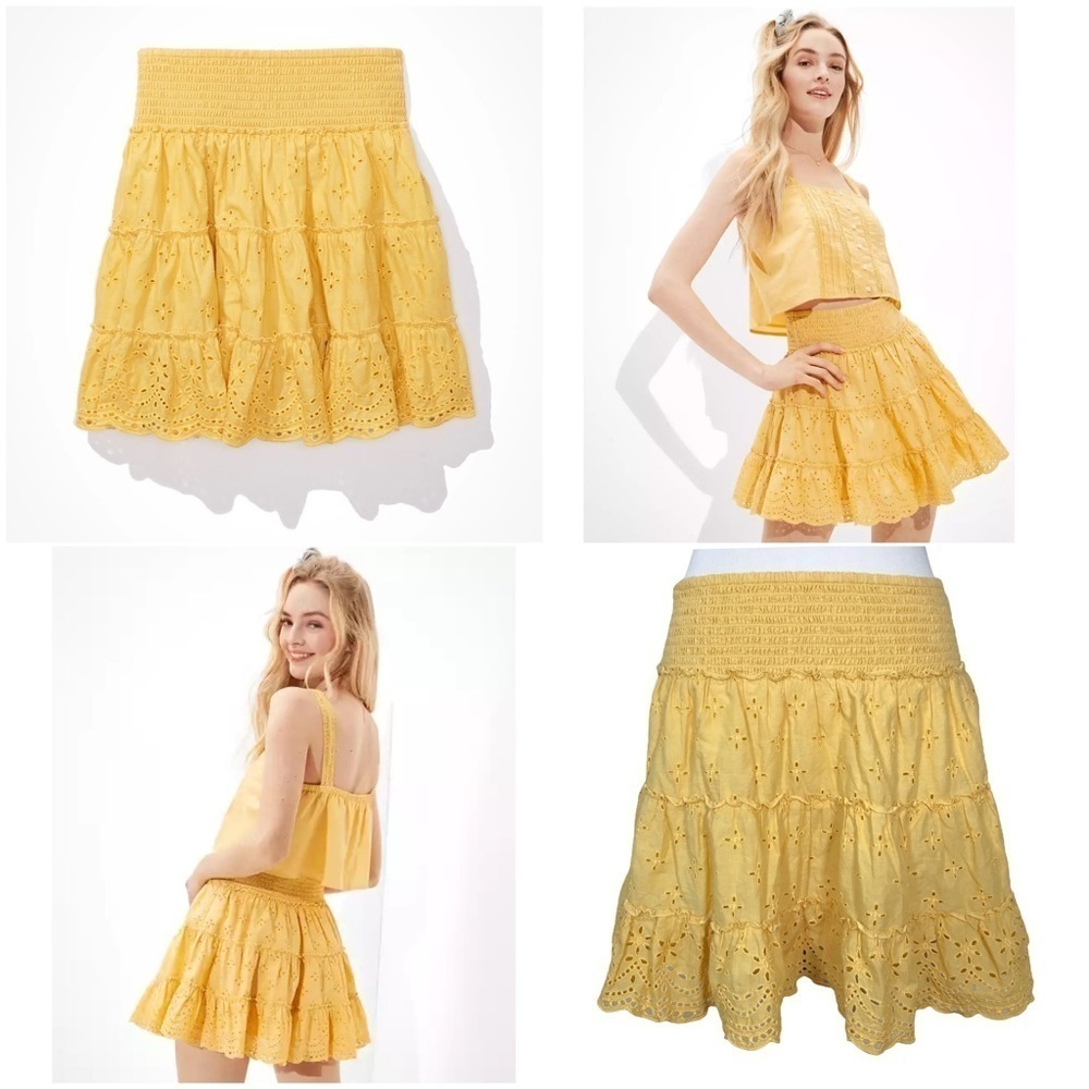 American Eagle Smocked Solid Yellow Tiered Mini Skirt Size Medium